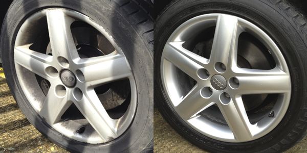 Audi A6 alloy wheel before and after refurbishment