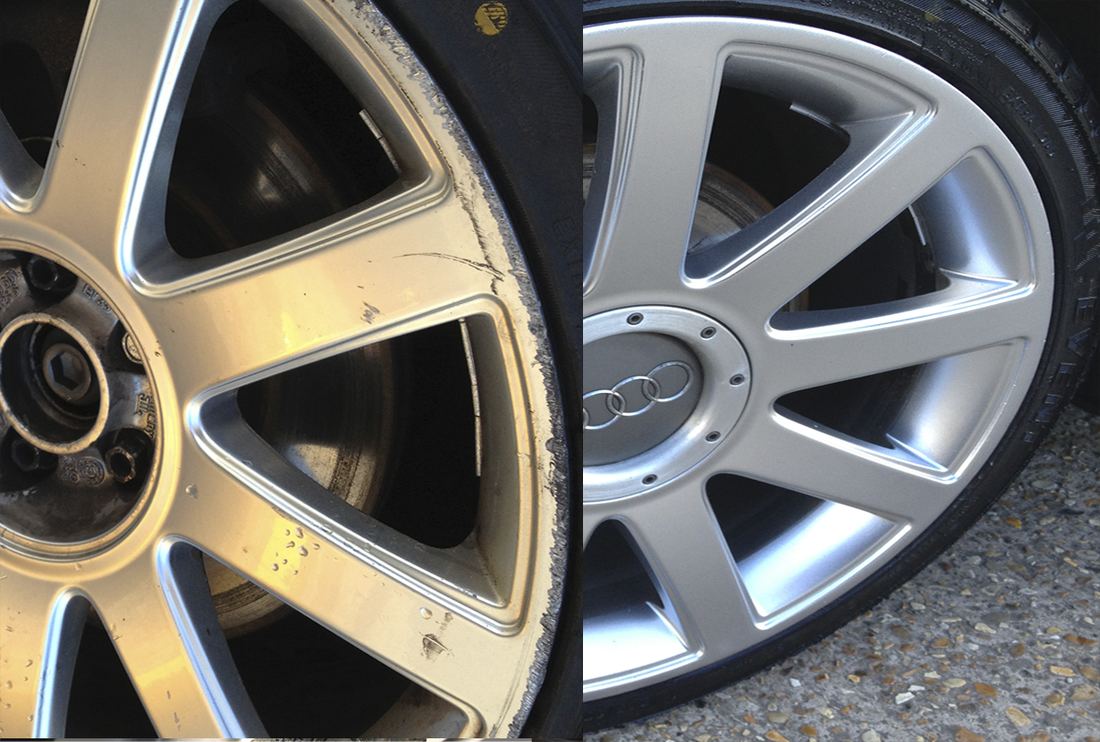 Audi alloy wheel before and after refurbishment