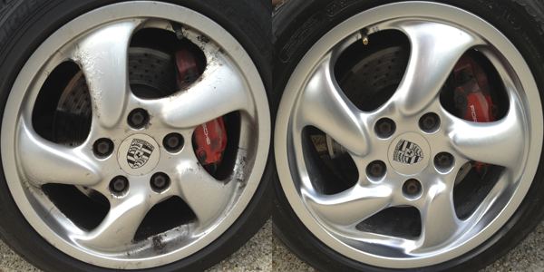 Porsche Boxster alloy wheel before and after refurbishment